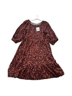 Knox Rose Animal Print Long Sleeve Smocked Midi Dress NWT
